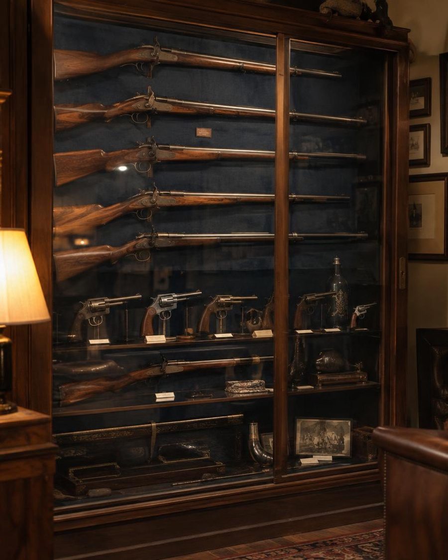 Vintage firearms collection displayed in a wooden and glass cabinet
