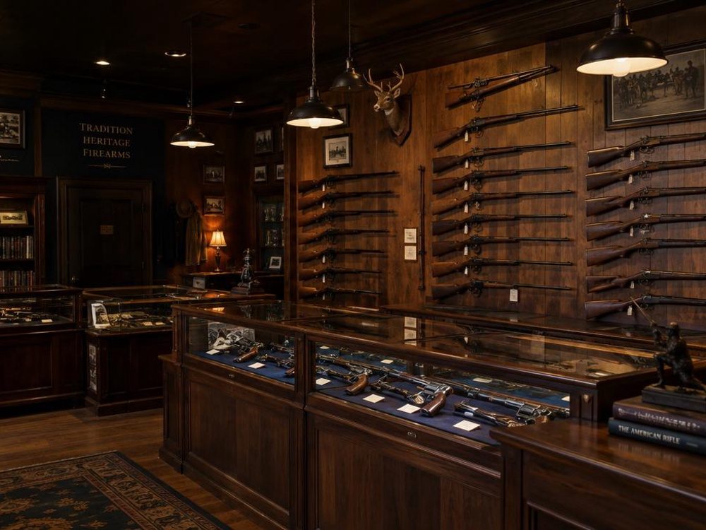 Traditional American gun shop interior with walnut display cases