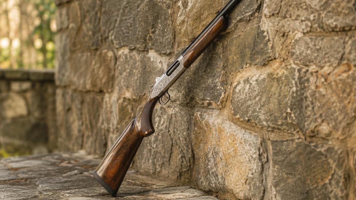 Vintage semi-automatic shotgun with figured walnut stock against a stone wall