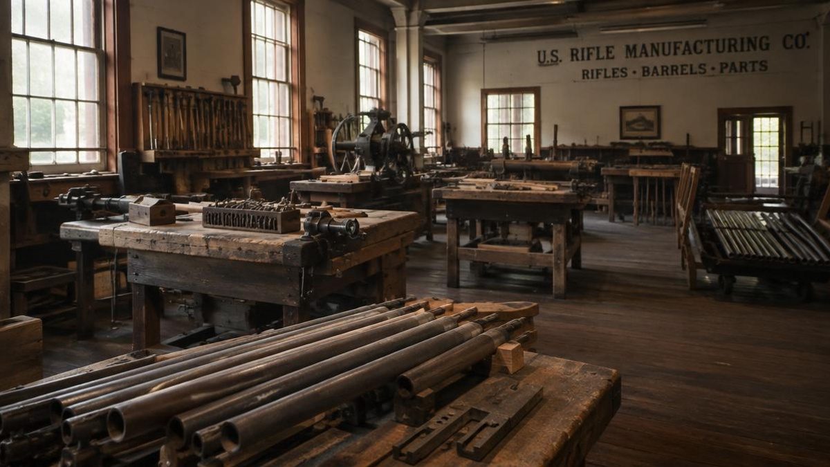 Historic American gun manufacturing workshop with workbenches and hand tools