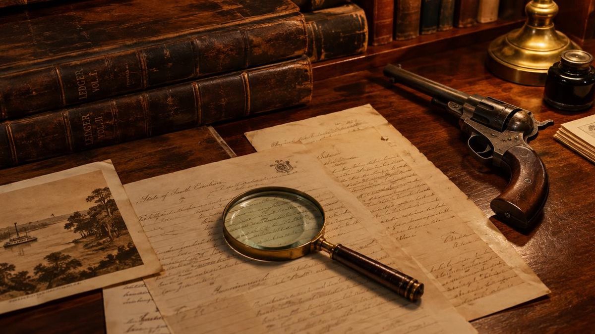 Archival documents, ledgers and a magnifying glass beside a historic revolver