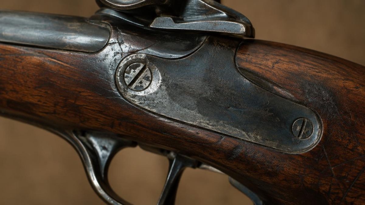 Close-up of worn blued steel and aged walnut on an antique firearm