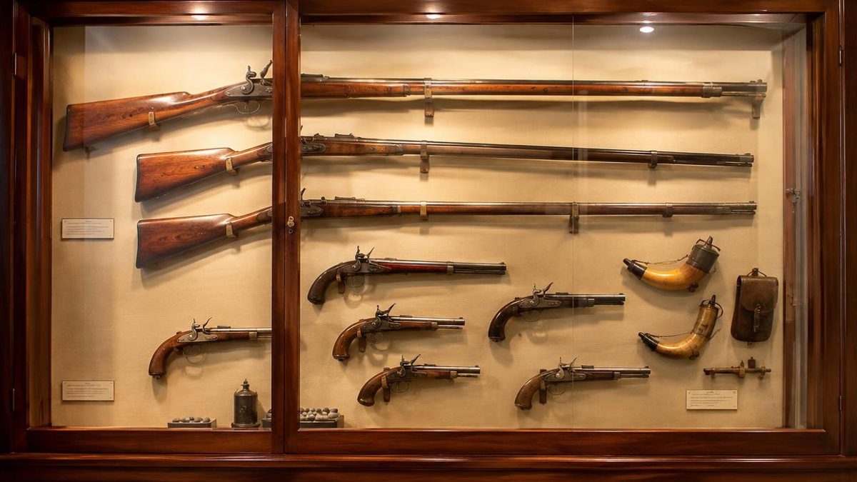 Museum style wall display of antique firearms with brass caption cards