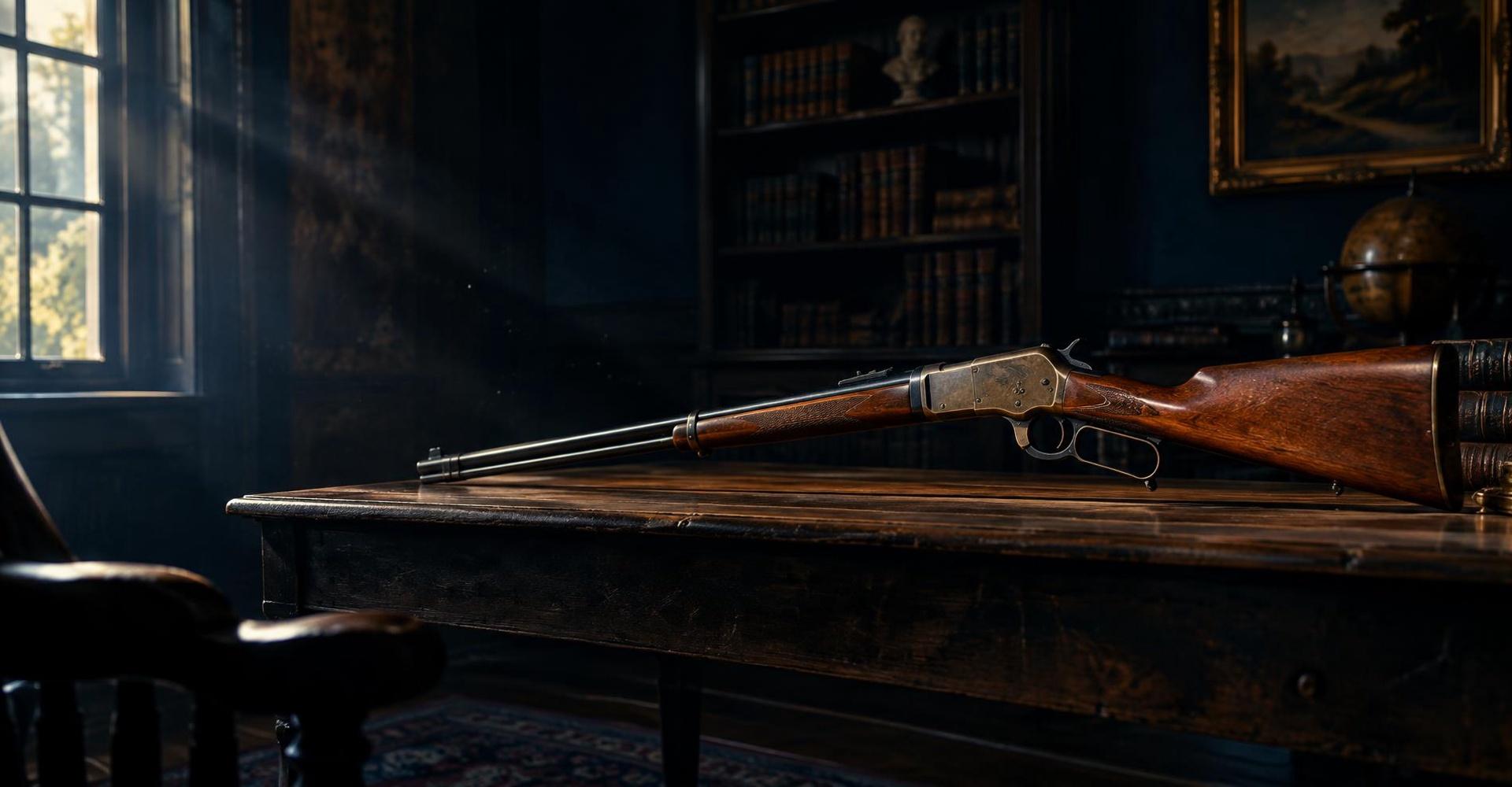 Antique lever action rifle with walnut stock in a dim historical study