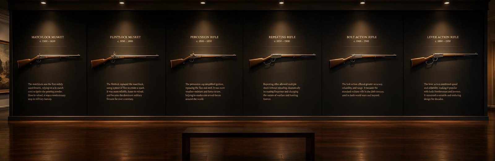 Chronological museum wall of antique firearms from matchlock to lever action